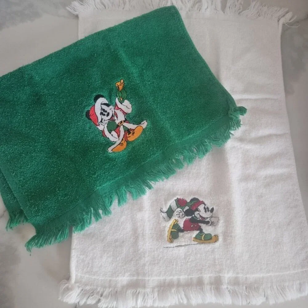 Vintage‎ Disney Mickey Mouse Christmas Hand Towels Set White Green Embroidered
